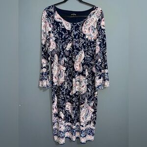 Glamour blue and pink Sheath Dress Long Sleeve Crew Neck bell sleeve size 14